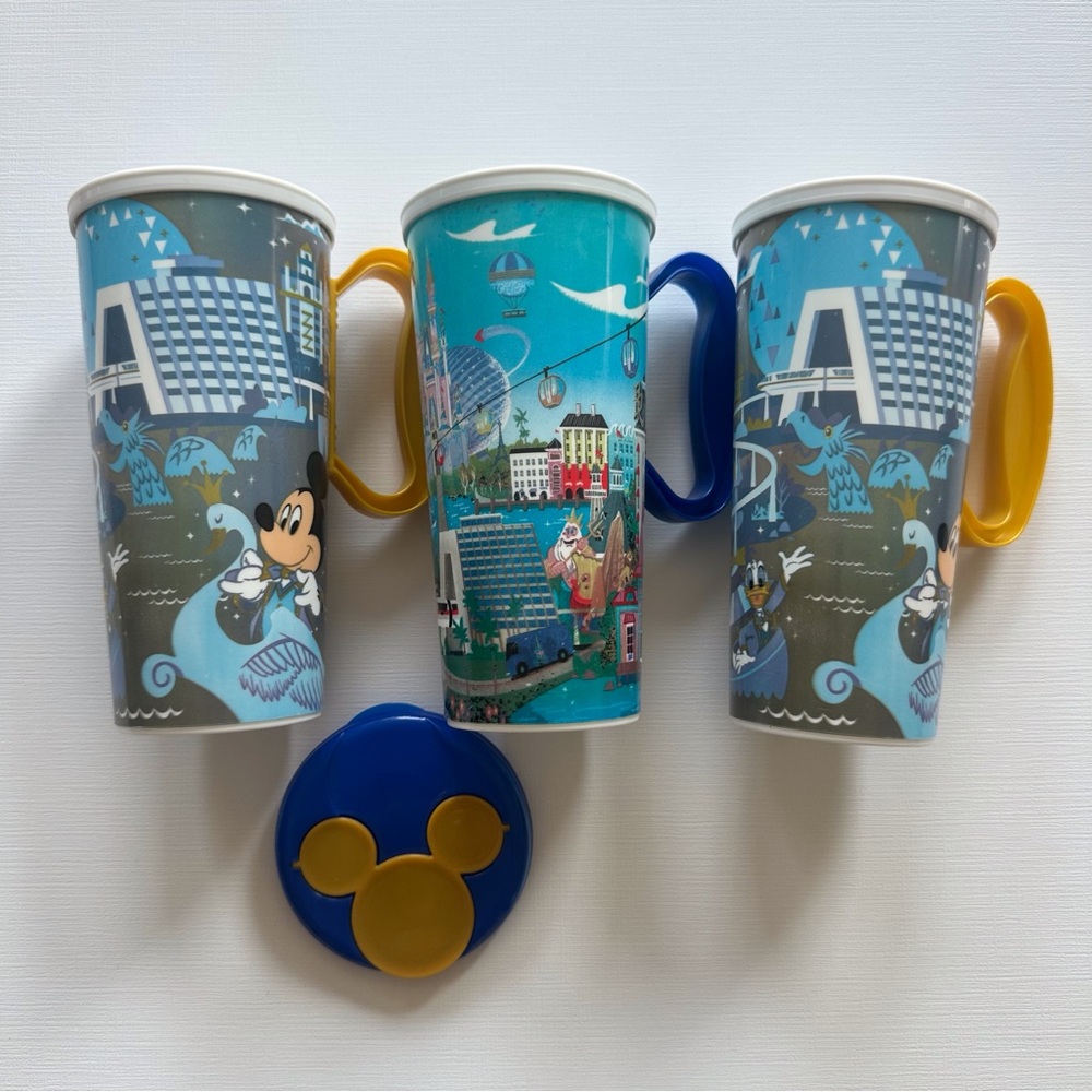 Lot of 3 Disney World 50th‎ anniversary refillable travel cups one lid